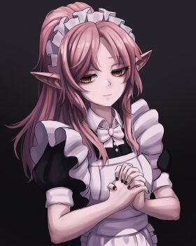absurdres apron black_nails bow elf highres liliacineris long_hair maid maid_apron maid_headdress md5_mismatch orange_eyes original own_hands_together pink_hair pointy_ears ponytail puffy_short_sleeves puffy_sleeves resolution_mismatch short_sleeves sidelocks simple_background source_smaller white_bow