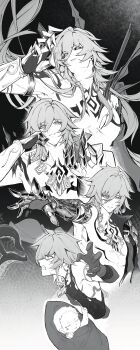 1boy absurdres age_progression arm_tattoo armlet black_coat black_tank_top chest_tattoo chinese_commentary clawed_gauntlets coat commentary_request earrings facial_tattoo greyscale highres honkai:_star_rail honkai_(series) jewelry long_hair male_focus monochrome multiple_views mydei_(a_trail_of_bygone_blood)_(honkai:_star_rail) mydei_(honkai:_star_rail) necklace open_clothes open_coat shirt tank_top tattoo torn_clothes torn_shirt wuming63716