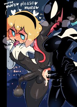 1boy 1futa absurdres against_wall anal anus anus_cutout blonde_hair blue_eyes blush bodysuit bodysuit_condom breasts bulge clothed_sex covered_erect_nipples covered_testicles crotchless cum cum_in_ass cum_in_clothes ejaculating_while_penetrated ejaculation english_text erection erection_under_clothes fucked_silly full-face_blush futa_with_male futa_with_male futanari genderswap genderswap_(ftm) genderswap_(mtf) gwen_stacy hairband hand_on_own_hip heart heart-shaped_pupils highres licking long_tongue male_penetrated marvel mary_jane_watson open_mouth penis rariatto_(ganguri) saliva sex she-venom spider-gwen spider-man_(series) spread_legs standing standing_on_one_leg standing_sex sweat symbol-shaped_pupils testicles tongue tongue_out trap venom_(marvel) very_long_tongue