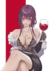 Rule 34 | 1girl, alternate costume, arepko, artist name, bare shoulders, black dress, breasts, cleavage, closed mouth, collarbone, commentary, crossed legs, cup, dress, drinking glass, earrings, elbow gloves, feet out of frame, fur shawl, gloves, grey gloves, highres, holding, holding cup, honkai: star rail, honkai (series), jewelry, kafka (honkai: star rail), large breasts, long hair, looking at viewer, pearl earrings, purple eyes, purple hair, shawl, smile, solo