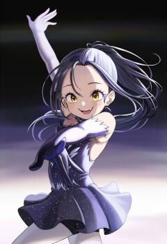 1girl absurdres atg_(wttoo0202) commentary dress earrings elbow_gloves gloves highres jewelry kamisaki_hikaru long_hair looking_at_viewer making-of_available medalist_(manga) open_mouth pantyhose purple_dress purple_gloves purple_hair smile solo stud_earrings white_pantyhose yellow_eyes