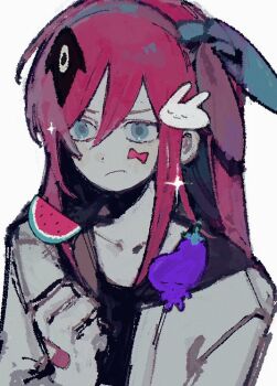 Rule 34 | 1girl, aubrey (faraway) (omori), aubrey (omori), bandaid, bandaid on hand, blue eyes, blue hairband, closed mouth, collarbone, commentary, double-parted bangs, english commentary, forest bunny (omori), hair between eyes, hairband, jacket, long hair, long sidelocks, mr. plantegg (omori), omori, pink hair, sidelocks, simple background, solo, something (omori), sticker, sticker on face, takenaka (takenaka1111), upper body, white background, white jacket