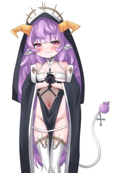 1girl animal_ears azur_lane bare_shoulders black_gloves blush closed_mouth cosplay covered_navel cow_ears cow_girl cow_tail equus_ignis fang flat_chest gloves groin highres horns implacable_(azur_lane) implacable_(azur_lane)_(cosplay) loli long_hair looking_at_viewer mole mole_on_thigh mole_under_mouth muu_muyu navel nun pelvic_curtain petite phase_connect pink_eyes purple_hair simple_background skin_fang solo tail thighhighs virtual_youtuber white_background white_thighhighs wide_sleeves