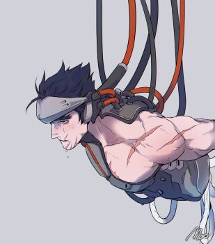 Rule 34 | 1boy, absurdres, bags under eyes, bisected, black hair, blackwatch genji, closed mouth, commentary, crying, crying with eyes open, cyborg, damaged, genji (overwatch), grey background, hashtag-only commentary, highres, looking ahead, male focus, mechabare, moo og, multiple scars, overwatch, overwatch 1, profile, runny nose, scar, scar on chest, scar on face, scar on shoulder, simple background, single bare shoulder, snot, solo, suspension, tears, thick eyebrows, torso, wire