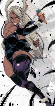 1girl absurdres alternate_costume animal_ears animal_print bare_shoulders black_leotard black_necktie black_shoes black_sleeves blood blood_on_face boku_no_hero_academia breasts carrot cleavage commentary_request dark-skinned_female dark_skin detached_collar detached_sleeves fur-trimmed_shoes hair_between_eyes high_heels highleg highleg_leotard highres holding holding_carrot kinakomochi_(user_vedc2333) knee_up large_breasts leotard long_eyelashes long_hair looking_to_the_side mirko necktie parted_bangs parted_lips playboy_bunny print_wrist_cuffs purple_thighhighs rabbit_ears rabbit_girl rabbit_print red_eyes scratches shoes solo standing standing_on_one_leg thick_thighs thighhighs thighs toned toned_female very_long_hair white_hair zoom_layer