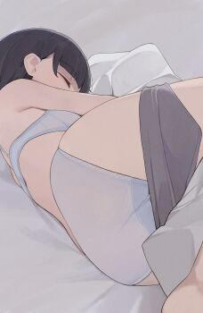 1girl ass black_hair bra closed_eyes clothes_pull commentary highres hiroki_(yyqw7151) lying on_side original panties shirt short_hair shorts shorts_pull sleeping solo underwear white_bra white_panties white_shirt