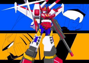 1980s_(style) absurdres autobot blue_eyes cannon dual_wielding full_body gattai glowing glowing_eyes gun helios_(divisar) highres holding holding_cannon holding_sword holding_weapon insignia machine machinery mecha mecha_focus mechanical_wings no_humans oldschool retro_artstyle robot science_fiction shoulder_cannon solo star_saber_(transformers) super_robot sword transformers transformers_victory victory_leo victory_saber weapon wings