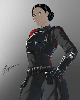 1girl armor belt black_armor black_eyes black_gloves black_hair galactic_empire_(star_wars) gloves gradient_background grey_jumpsuit hair_bun hands_on_own_hips iden_versio insignia jumpsuit light_frown looking_at_viewer looking_down military_uniform signature star_wars utility_belt zxpfer