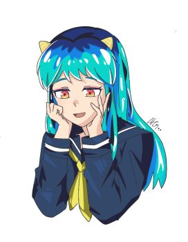 1girl blue_serafuku cone_horns green_hair highres horns long_hair long_sleeves lum neckerchief neoray1005 open_mouth red_eyes school_uniform serafuku sidelocks smile solo urusei_yatsura yellow_neckerchief