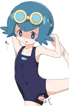 1girl accidental_exposure aki_(yunkana) arm_up barefoot blue_eyes blue_hair blue_one-piece_swimsuit blush cleft_of_venus crotchless exercising feet female_focus flat_chest goggles goggles_on_head highres lana_(pokemon) leg_up loli nintendo one-piece_swimsuit open_mouth pokemon pokemon_(anime) pokemon_sm_(anime) pussy shaded_face short_hair simple_background solo standing standing_on_one_leg stretching surprised swimsuit torn_clothes torn_swimsuit uncensored wardrobe_malfunction white_background