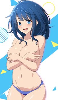 1girl blue_hair blue_panties blush breasts collarbone covering_breasts covering_privates groin highres large_breasts looking_at_viewer make_heroine_ga_oo_sugiru! marusankaku navel no_bra open_mouth panties round_teeth solo stomach teasing teeth thighs topless_female underwear yanami_anna