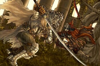 Rule 34 | 1boy, 1girl, armor, bloody finger hunter yura, boots, cape, commentary request, covered eyes, elden ring, eleonora violet bloody finger, fighting, grass, greaves, grey boots, highres, holding, holding polearm, holding sword, holding weapon, naginata, outdoors, polearm, red scarf, rens0o, roningasa, scarf, statue, sword, torn cape, torn clothes, weapon, white cape