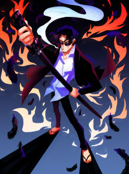 1boy black_hair black_suit cigarette facial_hair feathers fire formal_clothes highres holding holding_sword holding_weapon kagurabachi male_focus samura_seiichi sandals scar scar_on_face sheath shirt smoke smoking solo stubble suit sunglasses sword unsheathing vesrose weapon white_shirt