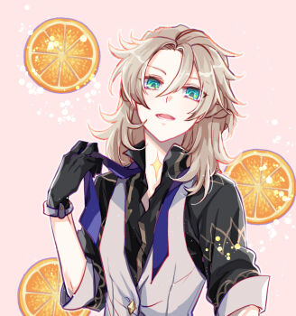 1boy albedo_(genshin_impact) albedo_(sweets_paradise)_(genshin_impact) black_gloves blonde_hair food fruit genshin_impact gloves green_eyes holding_necktie kkaiju looking_at_viewer official_alternate_costume open_mouth orange_(fruit) solo upper_body vest white_vest