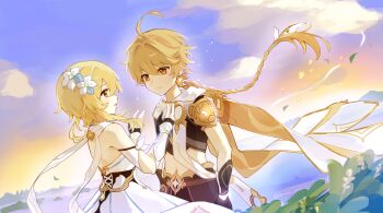 1boy 1girl aether_(genshin_impact) ahoge black_gloves black_shirt blonde_hair blush braid braided_ponytail brother_and_sister cape closed_mouth cloud commentary_request detached_sleeves dress earrings floating_hair flower genshin_impact gloves hair_between_eyes hair_flower hair_ornament highres huhu_norii jewelry long_hair looking_at_another lumine_(genshin_impact) midriff navel open_mouth outdoors partially_fingerless_gloves scarf shirt siblings twins upper_body white_dress white_scarf white_sleeves wind