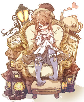 Rule 34 | 1girl, animal ears, armchair, brown eyes, brown hair, cat ears, chair, chestnut mouth, chipie 0114, commentary, dot nose, dress, footrest, heart, highres, lamppost, legband, mary janes, miniature, original, pantyhose, shoes, simple background, sitting, skirt, skirt under dress, solo, teapot, unworn shoes, white background
