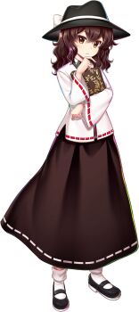 Rule 34 | 1girl, black hat, black shoes, book, bow, brown eyes, brown hair, brown skirt, closed mouth, full body, game asset, hat, hat bow, highres, holding, holding book, long hair, long sleeves, looking at viewer, mary janes, official art, ribbon-trimmed skirt, ribbon-trimmed sleeves, ribbon trim, rotte (1109), shirt, shoes, simple background, skirt, socks, solo, third-party source, touhou, touhou lostword, transparent background, usami renko, white shirt, white socks, wide sleeves