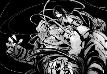 1girl ahoge armor bare_shoulders black_theme bodystocking breasts detached_sleeves fishnet_bodystocking fishnets highres japanese_armor japanese_clothes kataginu kato_takuji kimono kote kougetsu_(ishiyumi) kougetsu_shinzou_(ishiyumi) mask monochrome ninja original short_hair short_kimono shoulder_armor sode speech_bubble thighhighs