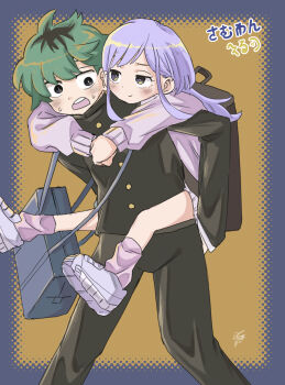 Rule 34 | 1boy, 1girl, :o, backpack, bag, black eyes, black pants, carrying, commentary request, fukumori mimei, gakuran, green hair, hetero, highres, long hair, long sleeves, loose socks, mizuo kurage, pants, piggyback, purple hair, school bag, school uniform, shoes, short hair, simple background, sneakers, socks, someone hertz, sweatdrop