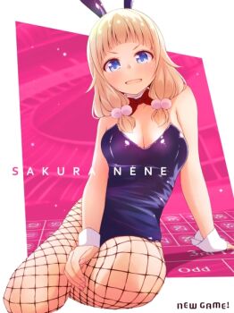 Rule 34 | 1girl, alternate costume, animal ears, black leotard, blonde hair, blue eyes, bow, breasts, chuutaro metal, commentary request, fake animal ears, fishnet pantyhose, fishnets, large breasts, leotard, long hair, looking at viewer, new game!, open mouth, pantyhose, playboy bunny, rabbit ears, red bow, sakura nene, sitting, solo, wrist cuffs