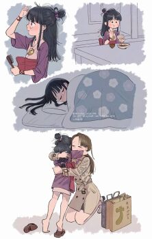 2girls ace_attorney barefoot black_hair brown_hair child commentary_request eating feet futon hair_brush highres hug kneeling kneepits long_hair magatama maya_fey mia_fey multiple_girls sleeping soles standing suibun_(mizuha_oishiina)
