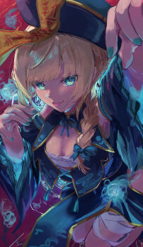 1girl absurdres arm_up armpits blonde_hair blush breasts chinese_clothes cleavage coin_hair_ornament dress green_dress green_eyes green_nails hair_ornament halloween hat hat_ornament highres hololive jiangshi jiangshi_costume kama_boko17 kazama_iroha lace-trimmed_sleeves lace_trim looking_at_viewer medium_breasts ofuda ofuda_on_head print_dress qingdai_guanmao red_background simple_background smile solo tongue tongue_out virtual_youtuber