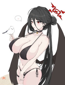 1girl absurdres arin6006 bikini bird black_bikini black_choker black_hair black_wings blue_archive breasts choker feathered_wings front-tie_bikini_top front-tie_top hair_between_eyes halo hasumi_(blue_archive) hasumi_(swimsuit)_(blue_archive) highleg highleg_bikini highres huge_breasts long-tailed_tit long_hair_between_eyes loosely_tucked_bangs low_wings mole mole_under_eye navel official_alternate_costume official_alternate_hairstyle oversized_wings red_halo solo spoken_blush swimsuit tit_(bird) wings