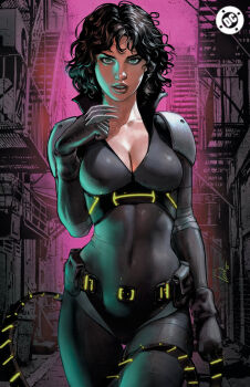 1girl artist_name batman_(series) black_bodysuit black_hair bodysuit breasts catwoman claw_(weapon) cleavage commentary copyright_name covered_navel dc_comics english_commentary green_eyes highres ivan_talavera large_breasts looking_at_viewer medium_hair official_art parted_lips selina_kyle solo weapon