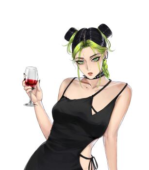 1girl bare_shoulders black_choker black_dress black_hair black_nails braid braided_ponytail breasts choker collarbone collarbone_piercing commentary cup double_bun dress drinking_glass ear_piercing earrings english_commentary eyebrow_piercing eyelashes face_piercing green_eyes green_hair hair_bun hashtag-only_commentary henoopd holding holding_cup jewelry jojo_no_kimyou_na_bouken kuujou_jolyne lips long_hair looking_at_viewer multicolored_hair parted_lips piercing sidelocks simple_background single_braid small_breasts solo spiked_choker spikes stone_ocean two-tone_hair upper_body white_background wine_glass