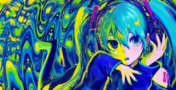 1girl absurdres aqua_eyes arm_tattoo bare_shoulders boots detached_sleeves hair_between_eyes hatsune_miku headphones highres image_warping legs_up long_hair looking_at_viewer lying melting mismatched_irises on_stomach open_mouth solo tattoo tearing_up tears twintails very_long_hair vocaloid wawasuke