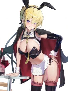 1girl animal_ear_hairband animal_ears apron between_breasts bikini black_bikini black_thighhighs blonde_hair bottle breasts closed_mouth commentary cowboy_shot cup detached_sleeves drinking_glass english_commentary evelyn_chevalier fake_animal_ears hairband hand_on_own_hip highres jacket jacket_on_shoulders large_breasts looking_at_viewer maid maid_apron maid_bikini navel necktie necktie_between_breasts purple_eyes rabbit_ears red_garter_straps round_table simple_background single_detached_sleeve smile solo swimsuit table thighhighs torjun_111 unconventional_maid white_background white_wrist_cuffs wine_bottle wine_glass wrist_cuffs yellow_necktie zenless_zone_zero