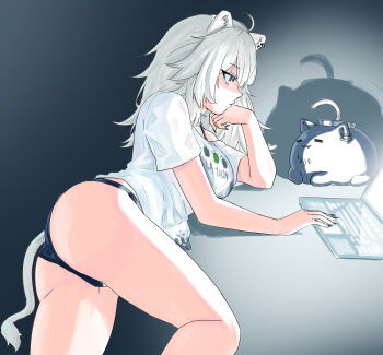 1girl ahoge animal_ears anstatic ass black_eyes black_nails black_panties bra_strap breasts closed_mouth commentary computer dark_background ear_piercing expressionless feet_out_of_frame hand_on_own_chin head_rest highres hololive laptop lion_ears lion_girl lion_tail long_hair lying medium_breasts nail_polish no_pants official_alternate_costume on_side panties piercing profile shadow shirt shishiro_botan shishiro_botan_(midnight_convenience_store) short_sleeves solo ssrb_(shishiro_botan) t-shirt tail thighs underwear virtual_youtuber white_hair white_shirt