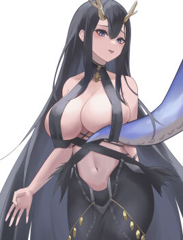 1girl absurdres antlers azur_lane black_dress black_hair breast_curtains breasts cleavage commentary_request cowboy_shot dress golden_hind_(azur_lane) grey_eyes highres horns large_breasts long_hair looking_at_viewer navel obniermarbiss open_mouth reindeer_antlers revealing_clothes simple_background solo tentacles tongue tongue_out very_long_hair white_background