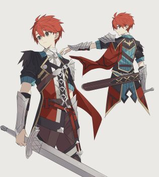 Rule 34 | 1boy, absurdres, adol christin, armor, commentary request, george man, grey eyes, highres, holding, holding sword, holding weapon, looking at viewer, looking back, male focus, multiple views, red hair, short hair, simple background, sword, weapon, white background, ys, ys ix: monstrum nox