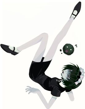 1girl absurdres ankle_socks black_dress bob_cut dress futaba_channel green_hair highres iya_maid maid maid_headdress marimo marimo_(nm65) mary_janes nijiura_maids pale_skin red_eyes roachie_(wildcardroachie) sanpaku shoes short_hair short_sleeves simple_background socks solo tongue tongue_out upside-down white_background white_socks