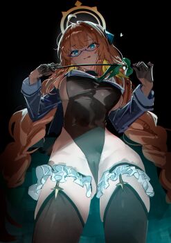 1girl aqua_neckerchief blue_archive blue_eyes blue_shrug braid braided_twintails breasts feather_hair feathers femdom garter_straps glasses gloves gluteal_fold gmatogachi half_gloves halo halter_leotard halterneck heart highres holding holding_riding_crop large_breasts leotard looking_at_viewer looking_down low_twin_braids neckerchief orange_hair pantyhose pubic_hair riding_crop semi-rimless_eyewear shimiko_(blue_archive) shimiko_(magical)_(blue_archive) shrug_(clothing) sideboob skin_tight solo super_highleg thick_thighs thighs tongue tongue_out twin_braids yellow_feathers yellow_halo