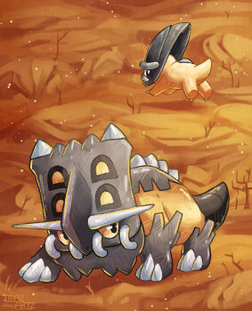 animal_focus artist_name bastiodon closed_mouth commentary desert english_commentary evolutionary_line gen_4_pokemon imazartz nintendo no_humans outdoors pokemon pokemon_(creature) pokemon_focus sand shieldon