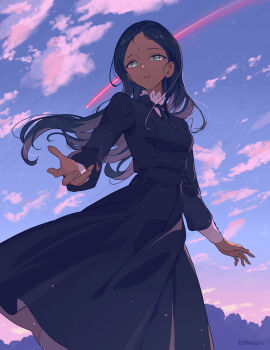 1girl absurdres artist_name bindi black_dress black_hair brown_hair cloud commentary_request dark-skinned_female dark_skin dress green_eyes gundam gundam_gquuuuuux highres kodamazon lace-trimmed_collar lace_trim lalah_sune long_sleeves sky sleeve_cuffs solo sunset