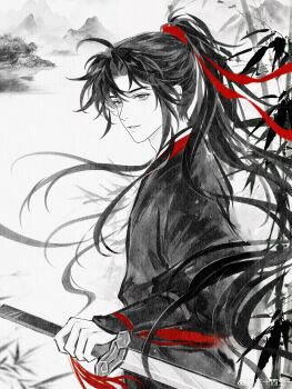1boy absurdres ahoge bamboo bishounen black_hair black_hanfu chinese_clothes faux_traditional_media floating_hair greyscale hair_ribbon hanfu highres holding holding_sword holding_weapon ink_wash_painting jian_(weapon) leaf long_hair long_sleeves looking_at_viewer male_focus modao_zushi monochrome mountain outdoors parted_lips ponytail red_ribbon red_sash ribbon robe san_shi_si_li sash sidelocks solo spot_color suibian_sword sword sword_tassel tassel upper_body very_long_hair watermark weapon wei_wuxian weibo_watermark