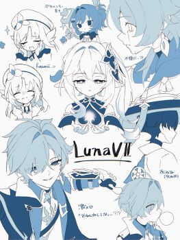 2boys 4girls ahoge armlet bags_under_eyes bare_shoulders beret blunt_ends blush bone_hair_ornament bow_(weapon) capelet chewing_gum clenched_hands closed_eyes coat collei_(genshin_impact) cross-shaped_pupils crossbow crying crying_with_eyes_open detached_sleeves earrings eyelashes facing_to_the_side flower frilled_sleeves frills fringe_trim genshin_impact glowing hair_flower hair_intakes hair_ornament hairclip half-closed_eyes hammer hands_on_own_face hands_up hat hatsuka_020 heart heart_hair_ornament highres holding holding_hammer holding_knife incoming_attack japanese_clothes jewelry jingasa kimono knife lapels leaf leaf_hair_ornament lohen_(genshin_impact) looking_at_viewer looking_down looking_to_the_side mole mole_under_eye monochrome multiple_boys multiple_girls multiple_views nahida_(genshin_impact) nicole_(genshin_impact) one_side_up open_clothes open_coat open_hands open_mouth parted_lips pointy_ears prune_(genshin_impact) romaji_text scaramouche_(genshin_impact) screw_hair_ornament side_cape smile swept_bangs symbol-shaped_pupils tears translation_request tsurime wanderer_(genshin_impact) weapon