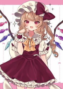 Rule 34 | 1girl, back bow, blonde hair, bow, bowtie, collared shirt, commentary, crystal, crystal wings, flandre scarlet, frilled shirt collar, frilled skirt, frills, hat, hat bow, jaku sono, long hair, looking at viewer, mob cap, multicolored wings, one side up, open mouth, red bow, red eyes, red skirt, red vest, shirt, signature, skirt, skirt set, smile, solo, sparkle, touhou, vest, white bow, white hat, white shirt, wings, yellow bow, yellow bowtie