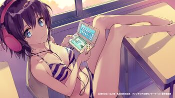 1girl bare_arms bare_legs bare_shoulders barefoot between_breasts bikini black_hair blue_eyes breasts chair classroom closed_mouth collarbone commentary_request copyright_notice desk end_card feet_on_table gamers! handheld_game_console headphones highres holding holding_handheld_game_console hoshinomori_chiaki indoors legs looking_at_viewer looking_up medium_breasts navel new_nintendo_3ds ninomotonino nintendo_3ds on_chair playing_games school_chair school_desk second-party_source short_hair sitting smile solo striped_bikini striped_clothes swimsuit thighs