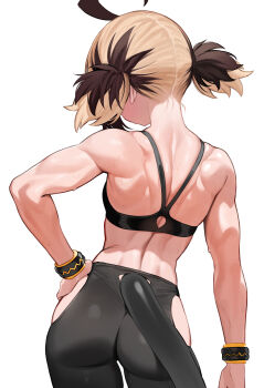 1girl absurdres ahoge alternate_muscle_size ass back bike_shorts black_shorts black_sports_bra blonde_hair brown_hair clothing_cutout commentary contrapposto criss-cross_halter facing_away from_behind gigi_murin halterneck hand_on_own_hip highres hip_vent hololive hololive_english hoshi_usagi huge_ahoge median_furrow multicolored_hair muscular muscular_female short_hair short_twintails shorts simple_background solo sports_bra sweat tail trapezius triceps twintails two-tone_hair virtual_youtuber white_background