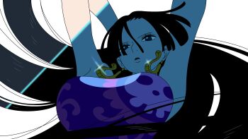 1girl arms_behind_head arms_up black_hair boa_hancock breasts dress huge_breasts large_breasts long_hair looking_at_viewer official_alternate_costume one_piece one_piece_fan_letter open_mouth purple_dress skull_print sleeveless