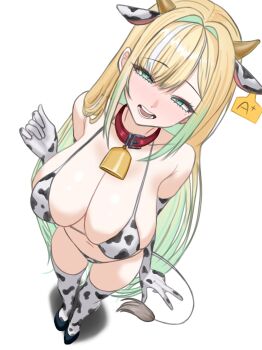1girl absurdres animal_collar animal_ears animal_print aqua_eyes bell bikini black_bikini black_gloves black_shoes black_thighhighs blonde_hair breasts collar colored_inner_hair commentary_request cow_ears cow_horns cow_print cow_print_bikini cow_print_gloves cow_print_thighhighs cow_tail cowbell ear_tag elbow_gloves eryn_(hexia) gloves golbang green_hair hexia highres horns large_breasts mole mole_under_eye multicolored_bikini multicolored_gloves multicolored_hair multicolored_thighhighs open_mouth print_bikini print_gloves print_thighhighs red_collar shadow shoes solo swimsuit tail thighhighs two-tone_bikini two-tone_gloves two-tone_thighhighs virtual_youtuber white_background white_bikini white_gloves white_hair white_thighhighs