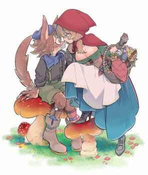 1boy 1girl animal_ears animal_nose apple apron artist_name basket big_bad_wolf black_bow black_gloves black_shirt black_shoes blonde_hair blue_scarf blue_skirt blue_socks boots bottle bow breasts brown_boots brown_corset brown_fur brown_hair capelet claws cleavage closed_mouth cloth commentary corset face-to-face fang flower fly_agaric food fruit full_body furry furry_male glove_bow gloves grass green_shirt green_shorts gun hand_on_another&#039;s_chin handgun hands_up high_heels holding holding_basket hood hood_up hooded_capelet index_finger_raised knees_together_feet_apart knife knife_sheath large_breasts leaning_forward leg_up little_red_riding_hood_(fairy_tale) little_red_riding_hood_(fairy_tale_character) long_skirt looking_at_another medium_hair mizu_mo_gura mushroom on_mushroom pink_flower red_capelet red_flower revolver scarf sheath shirt shoes shorts sitting skirt snout socks standing striped_clothes striped_shirt sweat tail tail_raised twitter_username vertical-striped_clothes vertical-striped_shirt waist_apron wavy_mouth weapon white_apron white_flower wide-eyed wolf_boy wolf_ears wolf_tail yellow_eyes