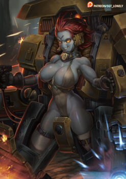 1girl alien armor battlesuit black_gloves blue_skin breasts brown_leotard cleavage colored_skin commentary covered_abs detached_collar english_commentary fang gloves grin headgear highres large_breasts leotard medium_hair no_nose paid_reward_available piloting plunging_neckline power_armor projectile_trail red_hair revealing_clothes sagging_breasts sgt_lonely smile solid_eyes solo t'au teeth thick_thighs thigh_strap thighs warhammer_40k yellow_eyes