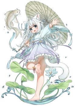 1girl :d ahoge animal_ear_fluff animal_ears bare_legs barefoot bell blue_eyes blue_lotus blush bow carp cat_ears cat_girl cat_tail chinese_clothes dress fang feet fish flower frills full_body hair_flower hair_ornament hanfu highres holding holding_umbrella jingle_bell lily_pad long_hair long_sleeves looking_at_viewer lotus lotus_pod oil-paper_umbrella open_mouth original outstretched_arm simple_background smile soles solo standing standing_on_one_leg tail toes umbrella water white_background white_hair wide_sleeves xiao_baixiong_tat