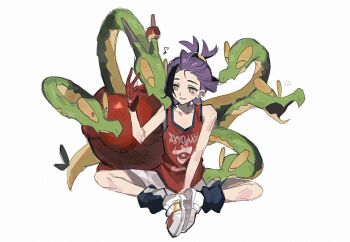 1boy black_hair blue_socks blush closed_eyes colored_sclera commentary_request gloves hydrapple kieran_(pokemon) korean_commentary male_focus multicolored_hair musical_note nintendo open_mouth pokemon pokemon_(creature) pokemon_sv pokesol_1083 purple_hair red_gloves red_tank_top shoes shorts simple_background single_glove sitting socks squeans tank_top white_background white_shoes white_shorts yellow_eyes yellow_sclera