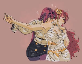 2girls bare_arms black_shorts breasts brown_background cleavage closed_eyes dress earrings heart highres himeko_(honkai:_star_rail) holding_hands honkai:_star_rail honkai_(series) jewelry kafka_(honkai:_star_rail) kiss kissing_neck large_breasts long_hair mole mole_on_breast multiple_girls pantyhose parted_lips purple_eyes purple_pantyhose red_hair shirt shorts strawderryst white_dress white_shirt yuri